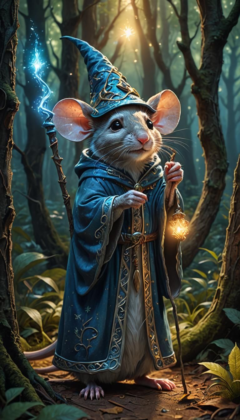 Wizard Mouse with Glowing Staff in Mystical Forest