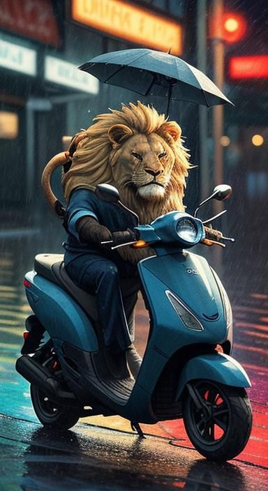 Lion Cub on Scooter in Rainy Pixel Art Style