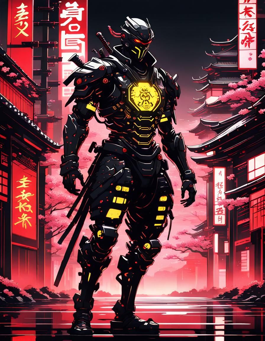 Ninja Cyborg Robot in Cyberpunk Tokyo Anime Illustration