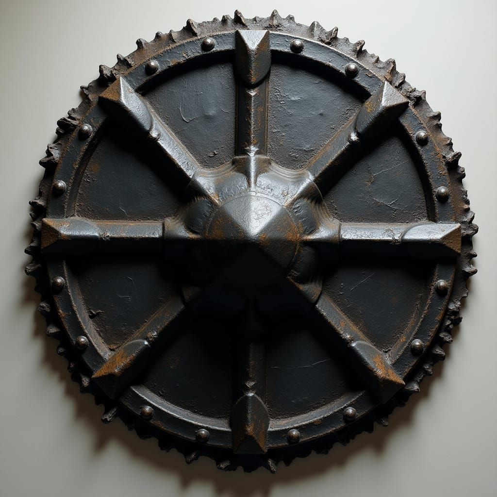 Industrial Futuristic Black Iron Shield with Blunt Teeth and...