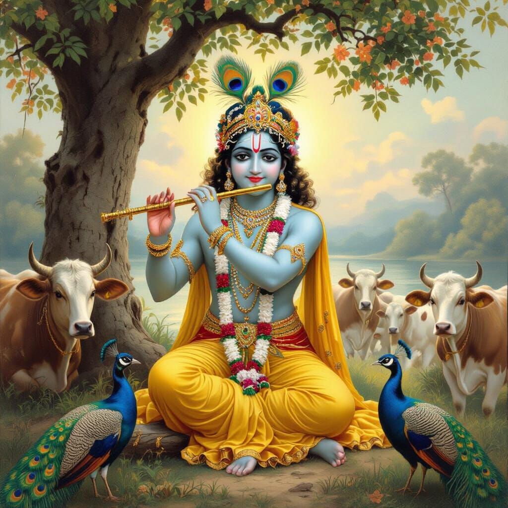 Lord Krishna Plays Flute in Vrindavan, Divine Aura