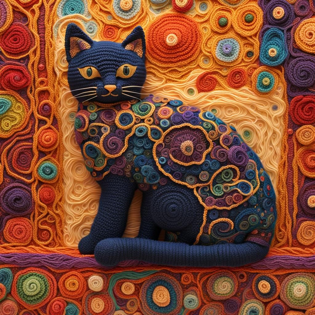 Ornate Crochet Cat in Klimt-Inspired Style
