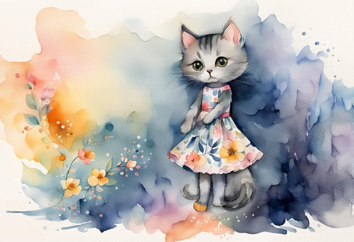 Shy Kitty in Floral Dress: Whimsical Watercolor Portrait