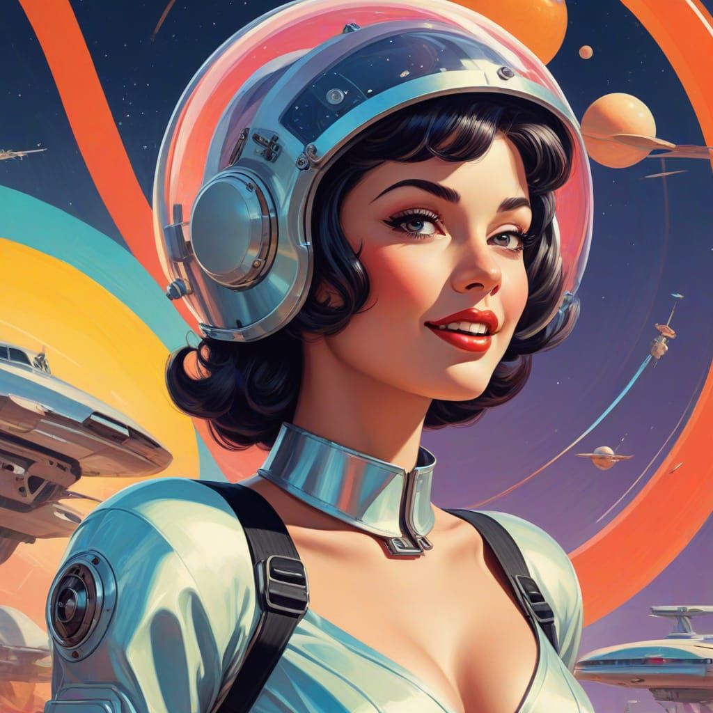 Futuristic Pin Up Girl with 'Thank You' Poster in Retro Styl...