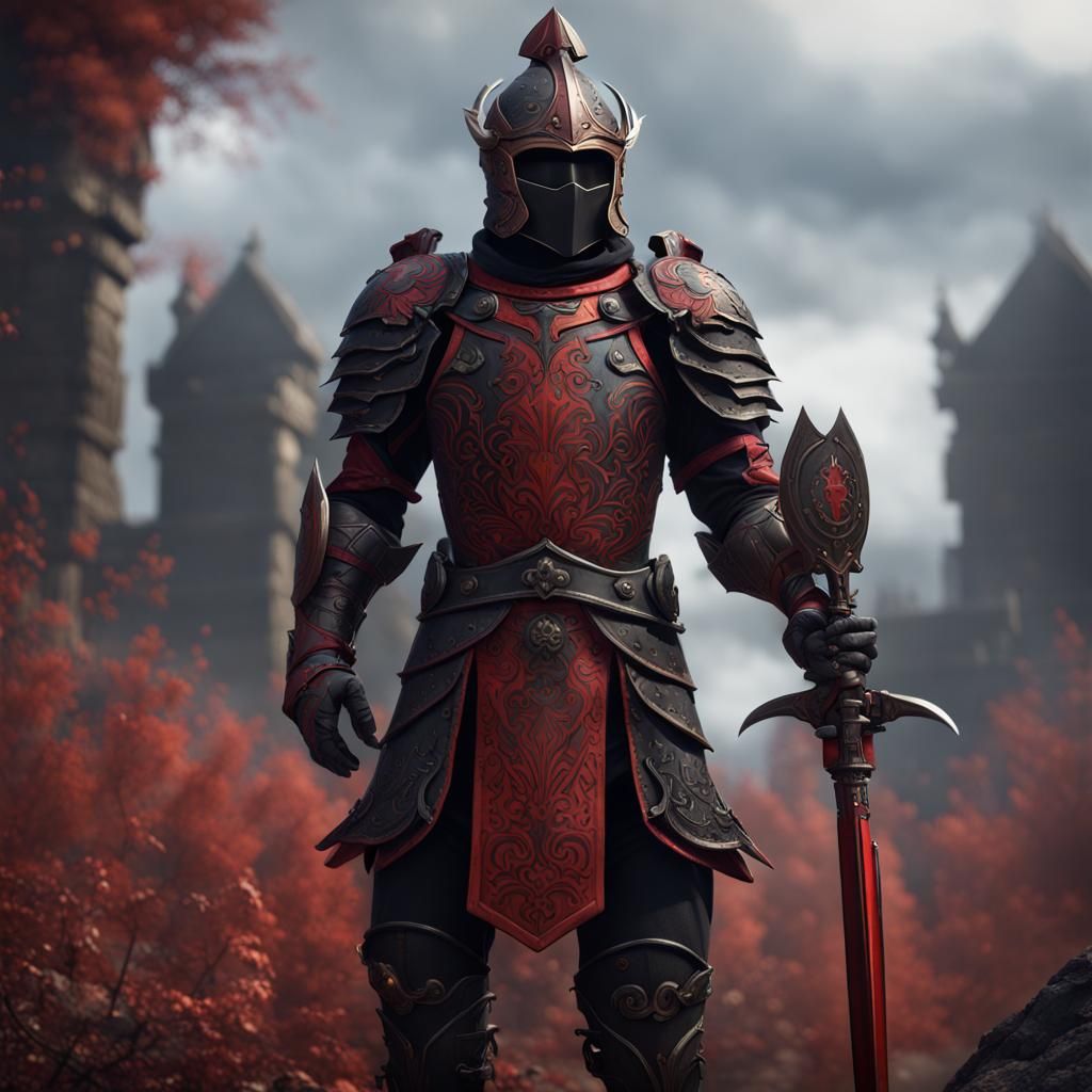 Mysterious Medieval Warrior in Black and Red Armor