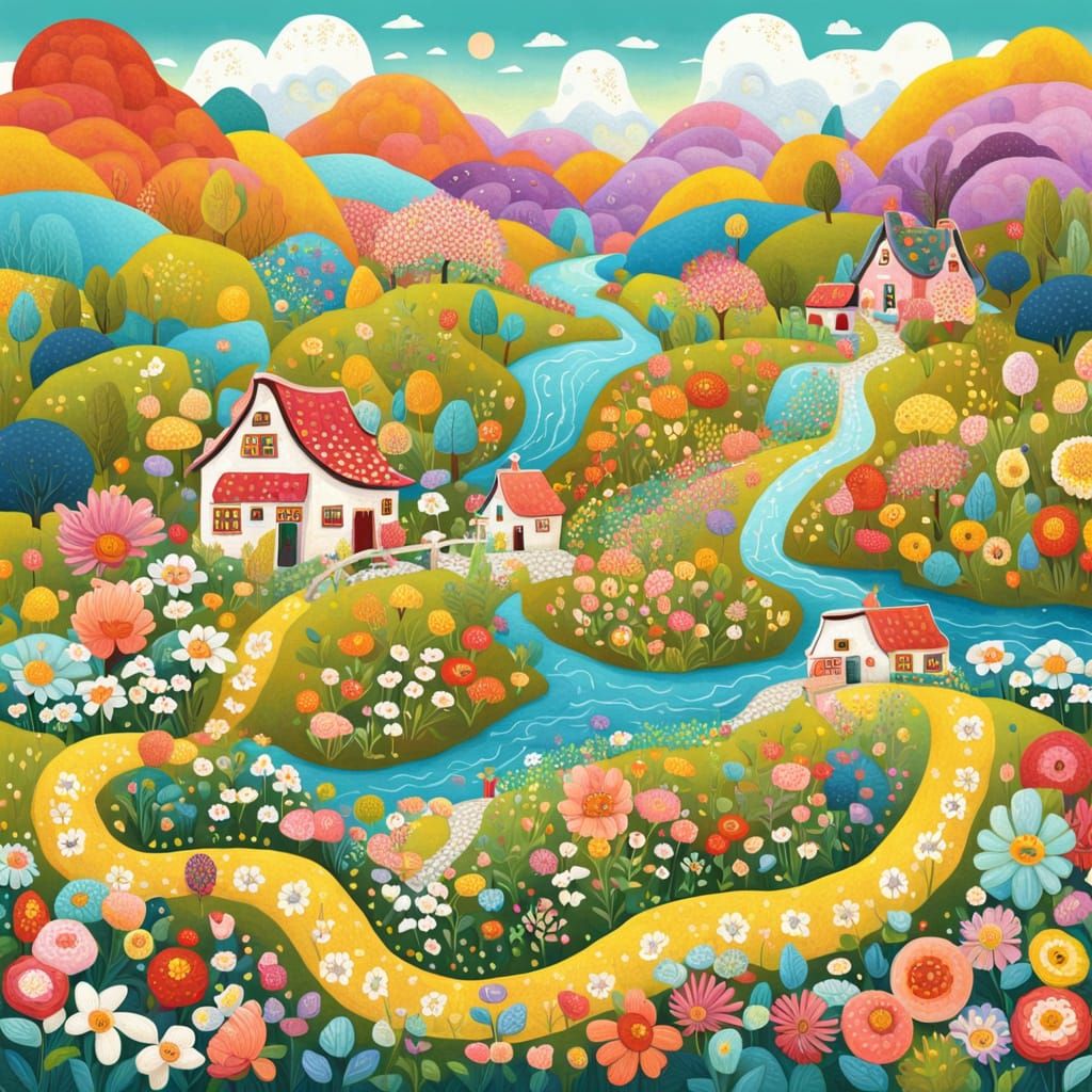 Naive Folk Art Landscape With Whimsical Flowers