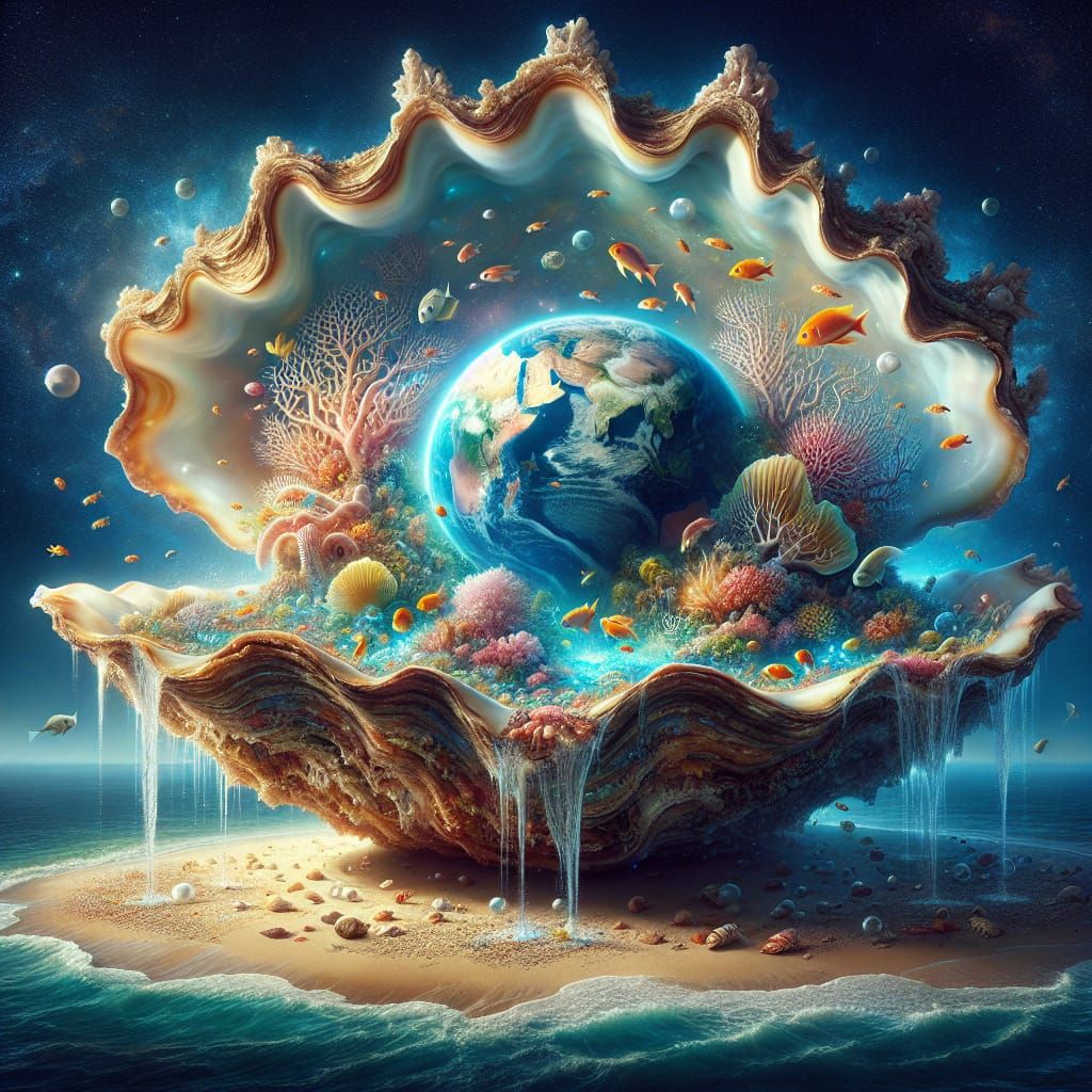 Earth Pearl in Giant Oyster Shell Fantasy Art