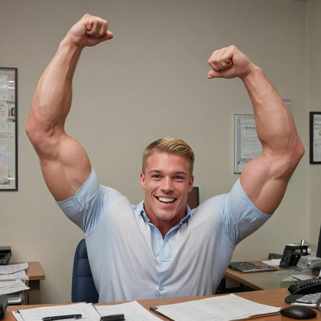 Muscular Frat Boy Flexing in Office Portrait