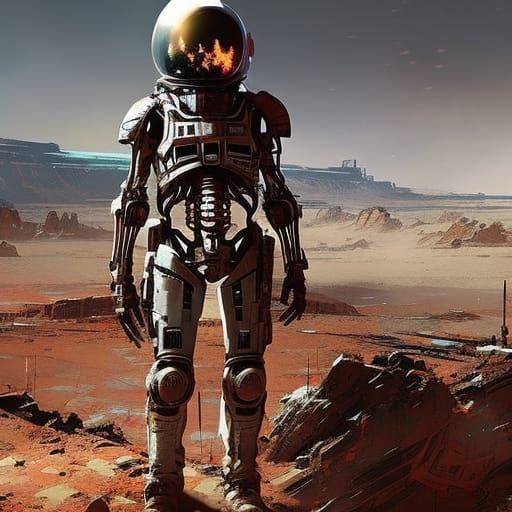 Astronaut Skeleton on Mars: Textured Oil Painting