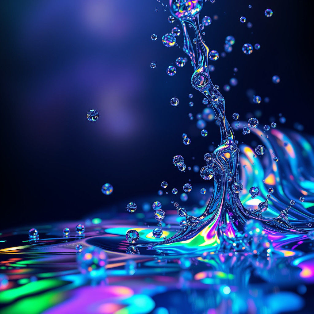 Iridescent Water Droplets in Sci-Fi Metallic Liquid