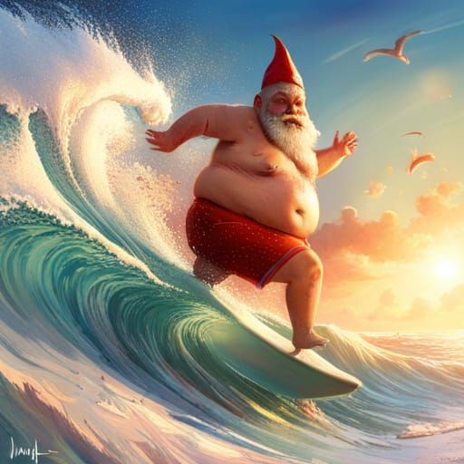 Happy Gnome Surfing a Wave, Detailed Digital Art