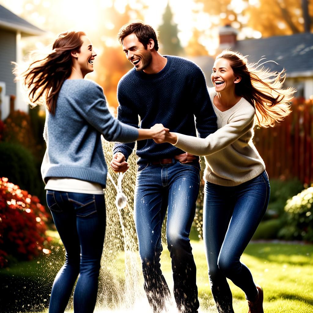 Couple's Playful Water Fight in Autumn, 3D Render