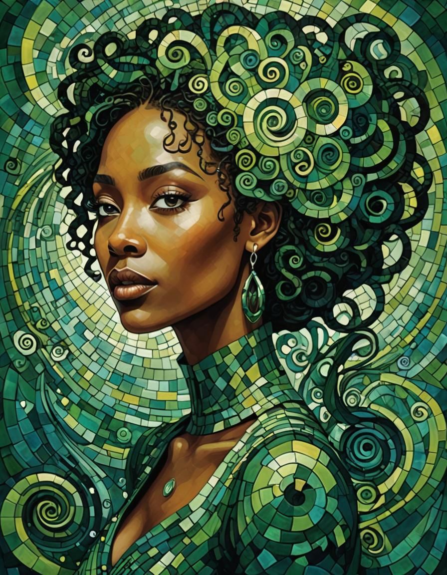 Melanin Singer in Green: Surreal Mosaic Album Art