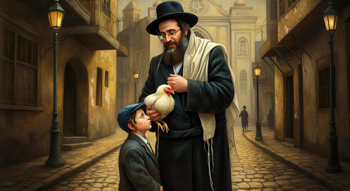 Mystic Ritual in Old Jewish Town: Rabbi and Child