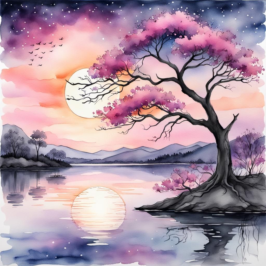 Enchanting Lakeside Scene at Twilight in Watercolor