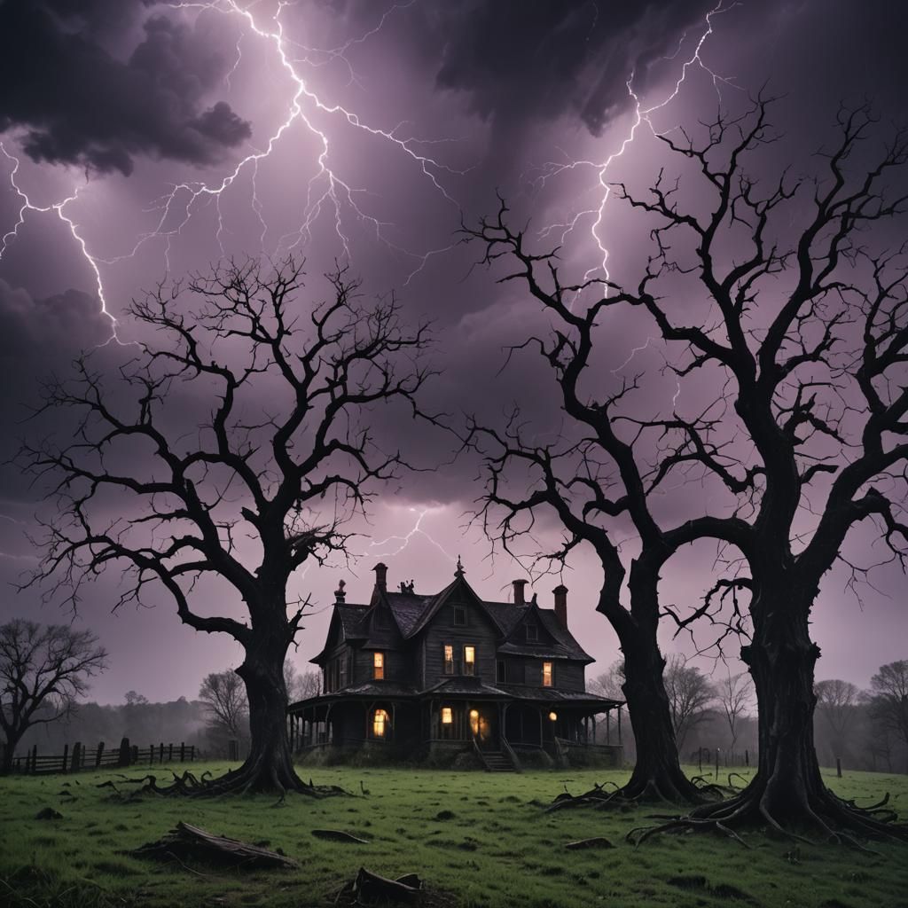 Haunted Farmhouse in Dark Fantasy Landscape