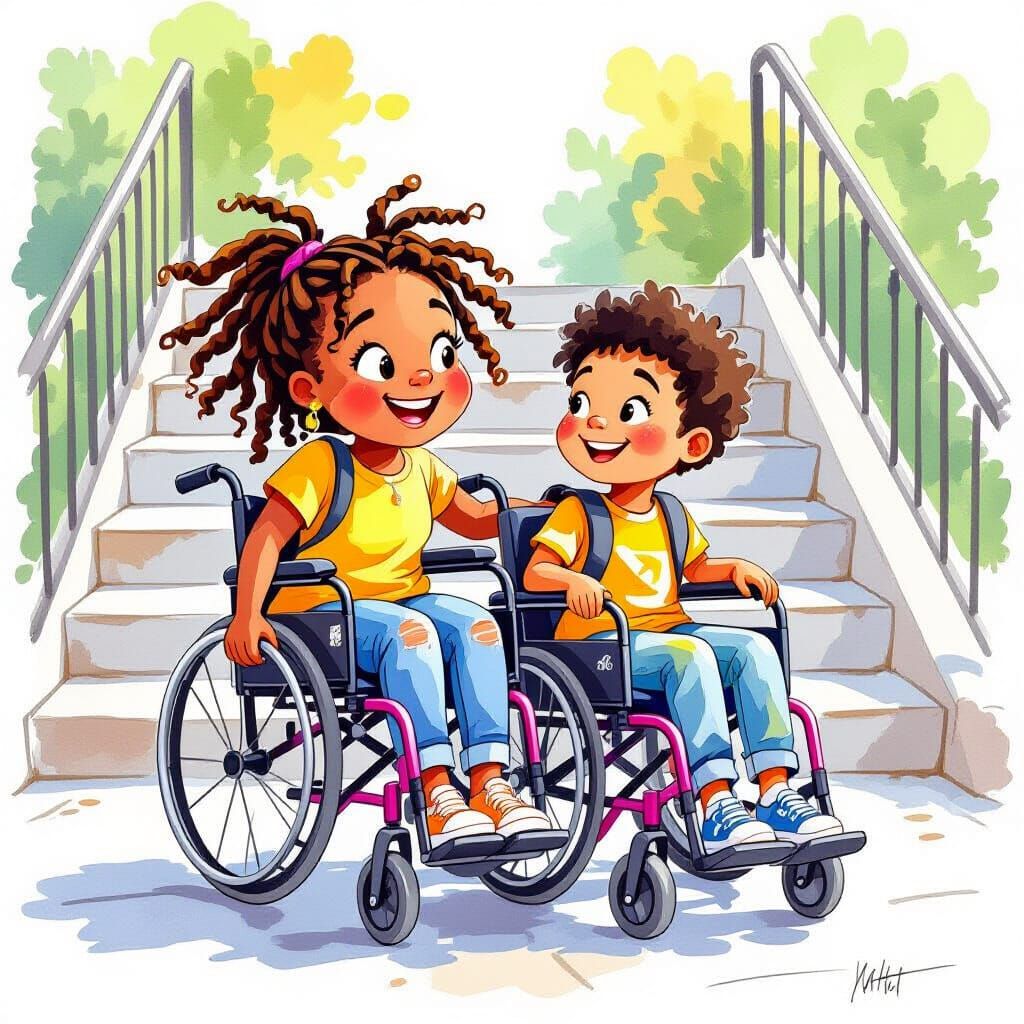 Joyful Girl Pushing Friend: Watercolor Illustration