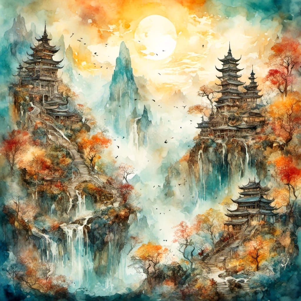 Mystical Shangri-La: Dreamlike Watercolor Fantasy Landscape