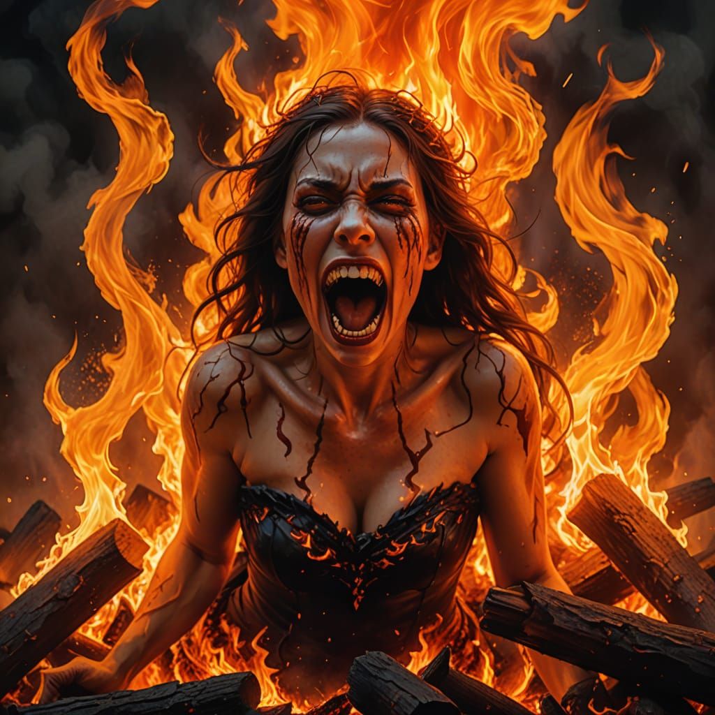 Woman Burning on Pyre in Dramatic Dark Fantasy Art