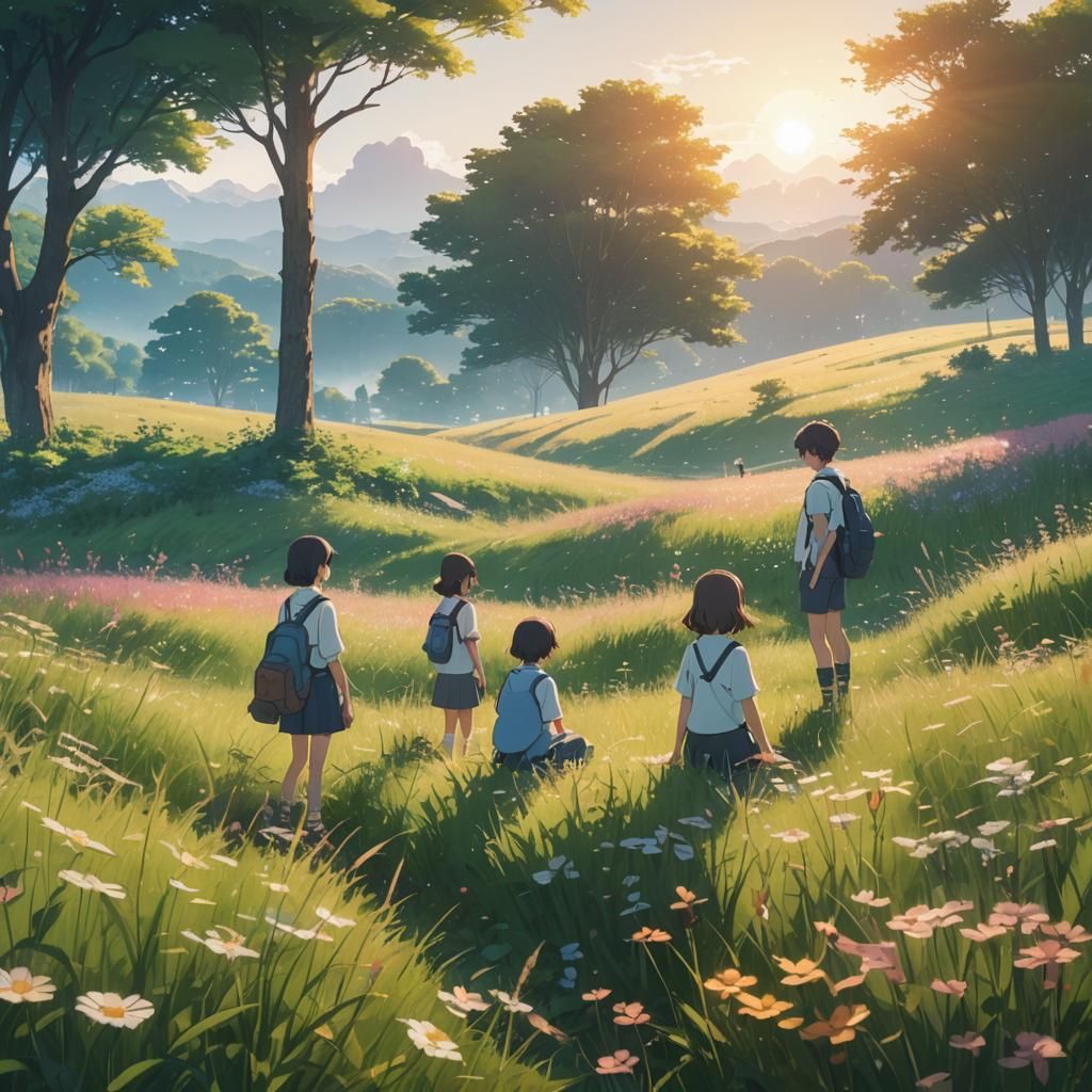 Nostalgic Anime Scene in Sunlit Meadow