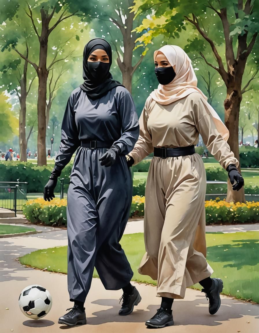 Overweight Hijabi Girls Play Soccer in Park