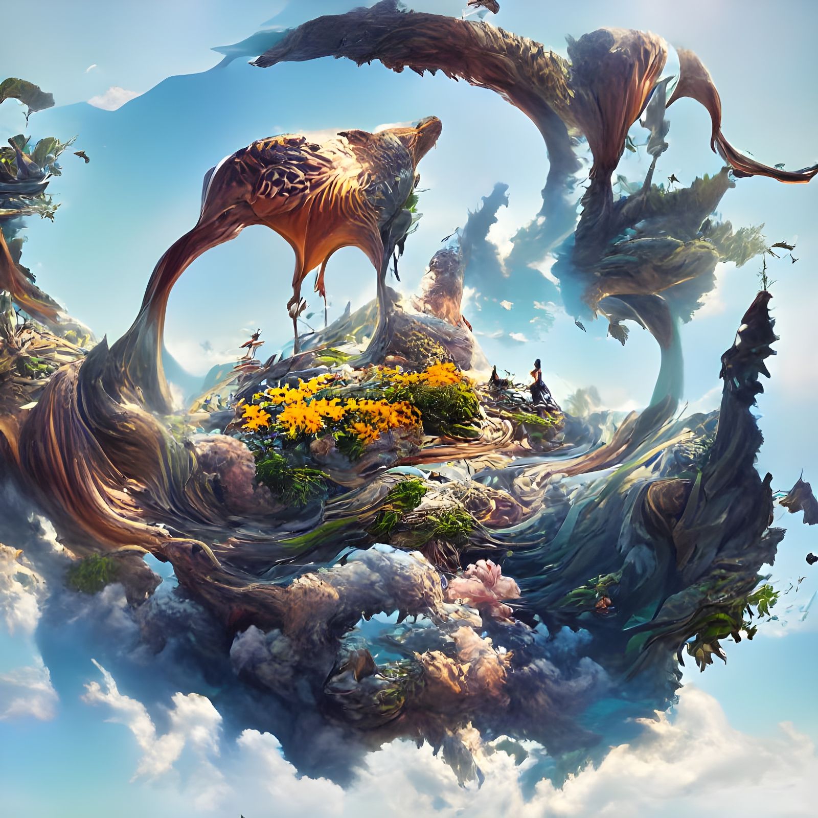Epic Landscape Painting with Wildflowers in Surreal Style