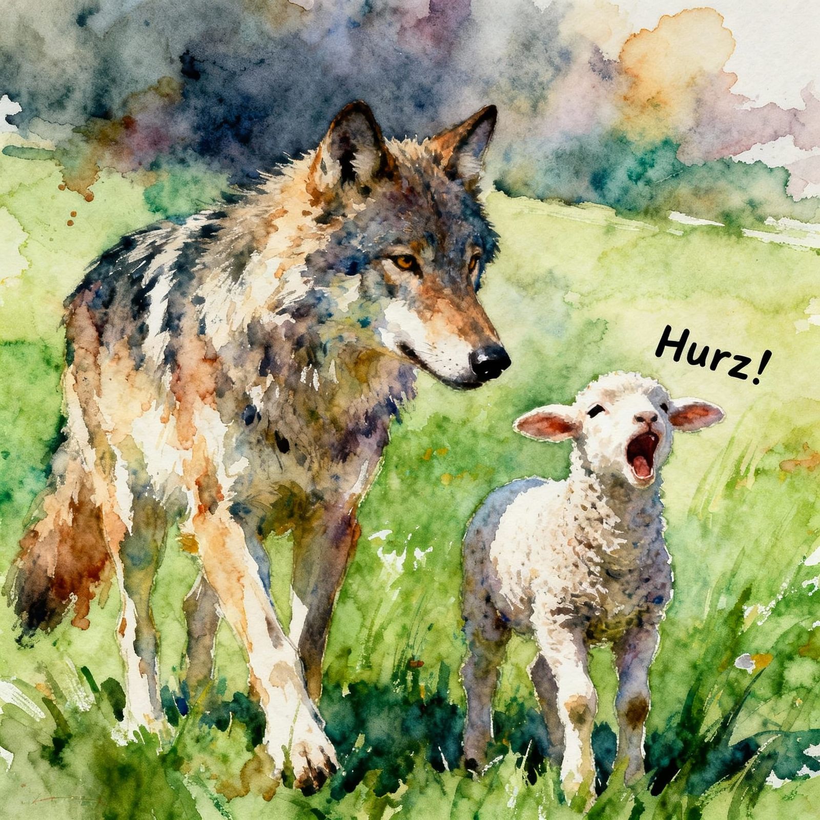 Wolf and Lamb on Meadow in Expressive Watercolor Style