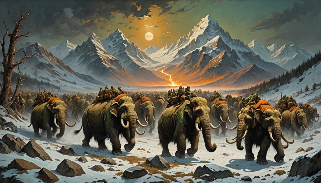 Zombie Mastodons Cross Alps in James Gurney Style
