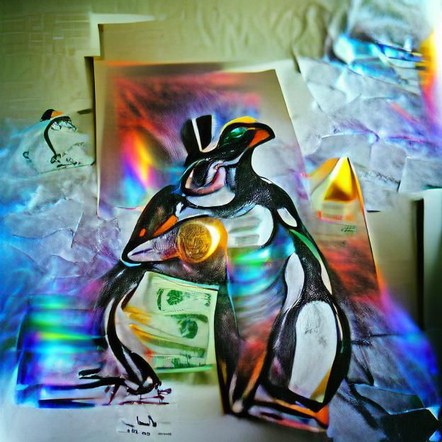Penguin with Money in Holographic Abstract Acrylic Art