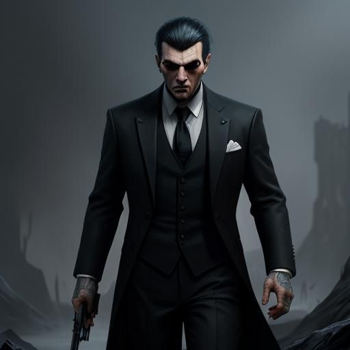 Mafia Figure in Black Suit: Detailed Matte Painting