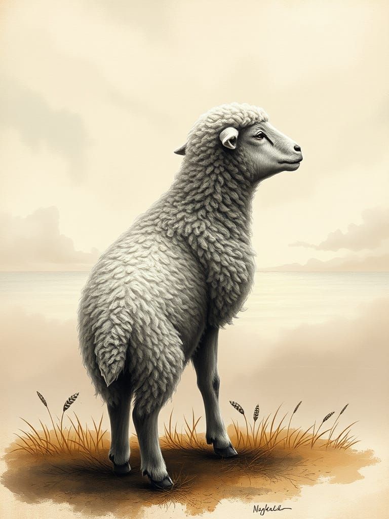 Melancholic Lamb Gazing at Shimmering Horizon in Acrylic Sty...