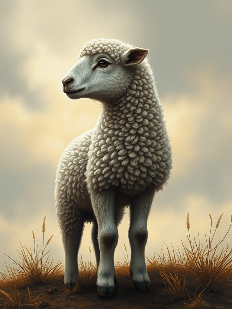 Melancholic Lamb Gazing at Horizon in Acrylic Style