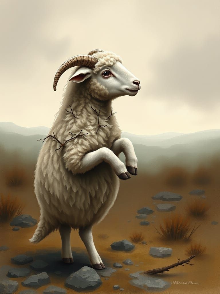 Melancholic Lamb Gazing at Shimmering Horizon in Acrylic Sty...