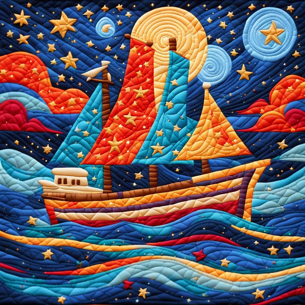 Stylized Ship Under Starry Sky Quilt