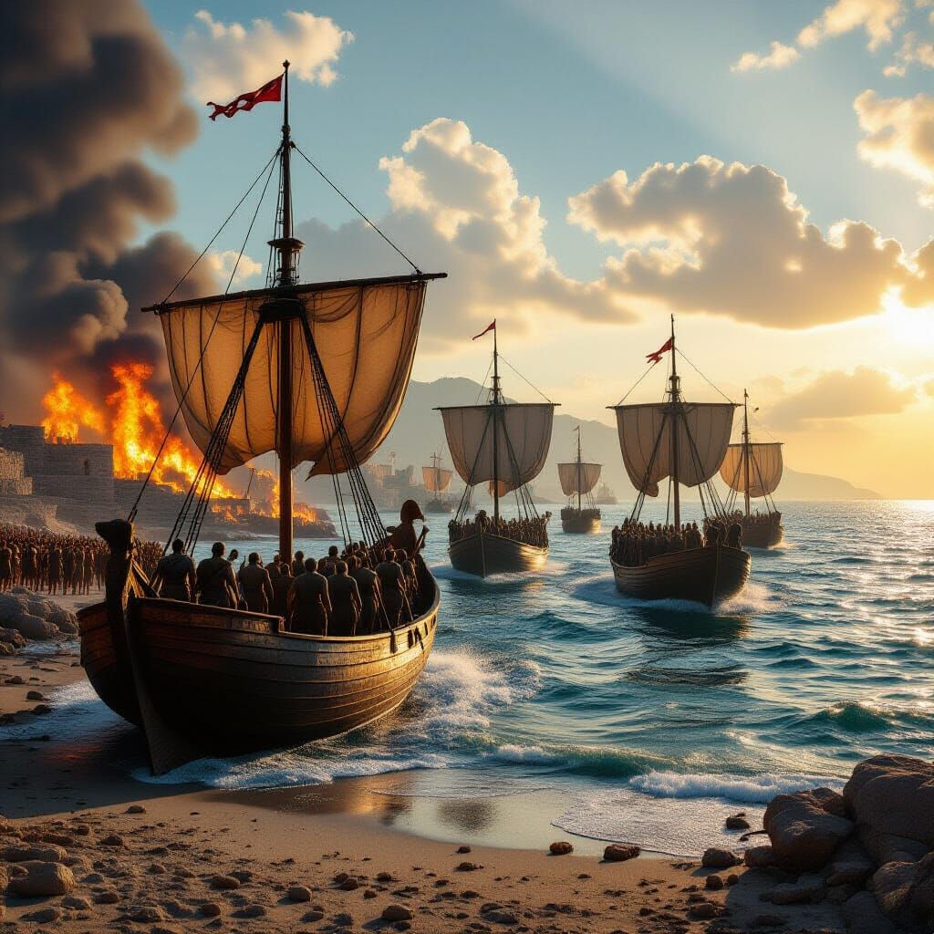 Ancient Greek Ships Sail From Burning Troy