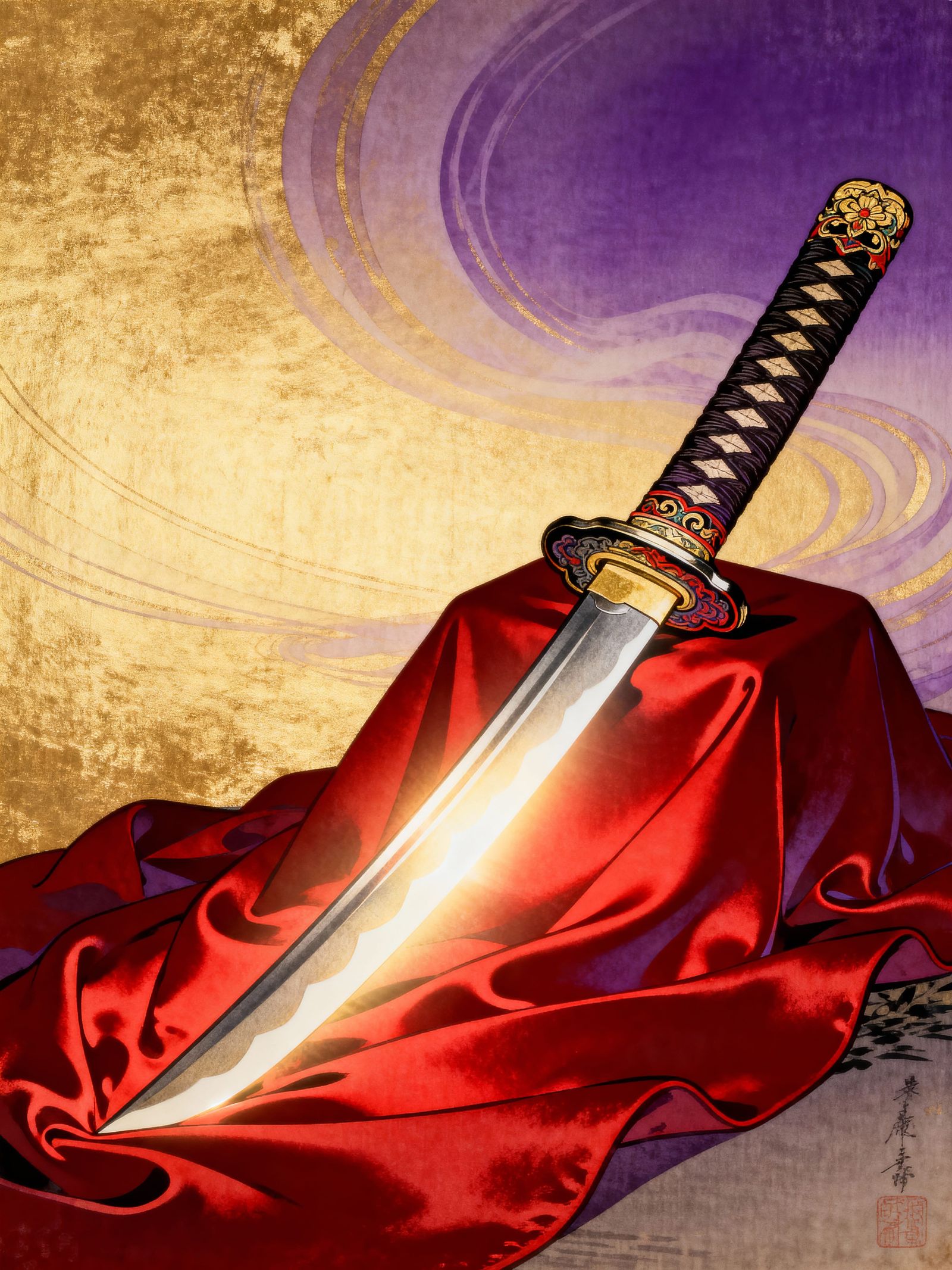Mystical Katana on Crimson Silk in Ukiyo-e Style