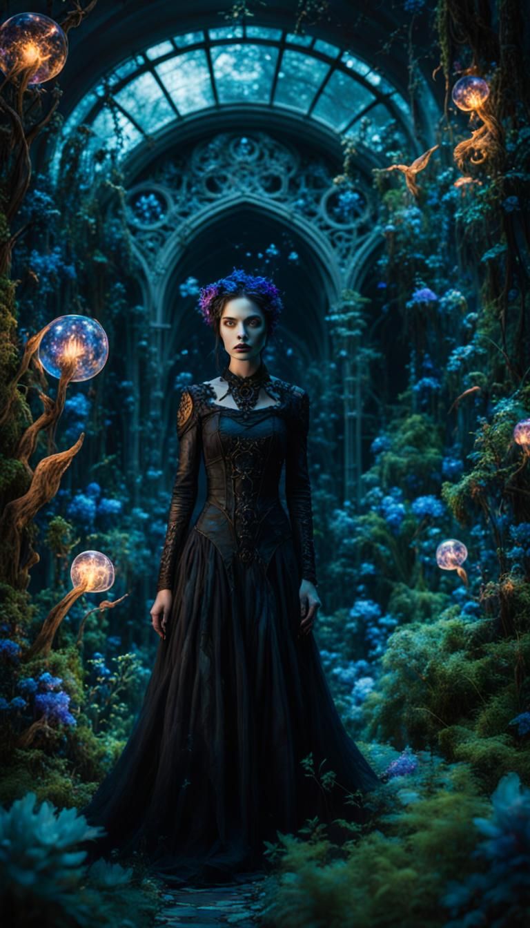 A mysterious woman with elements of dark fantasy elements dark romance and Gothic styles surrounded by a lush botanical ...