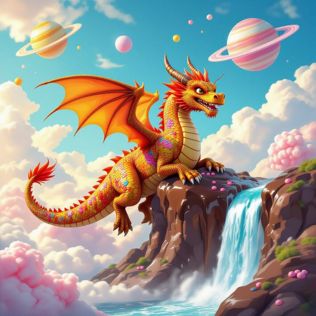 Candy Dragon Flies by Chocolate Waterfall Under Candy Planet...