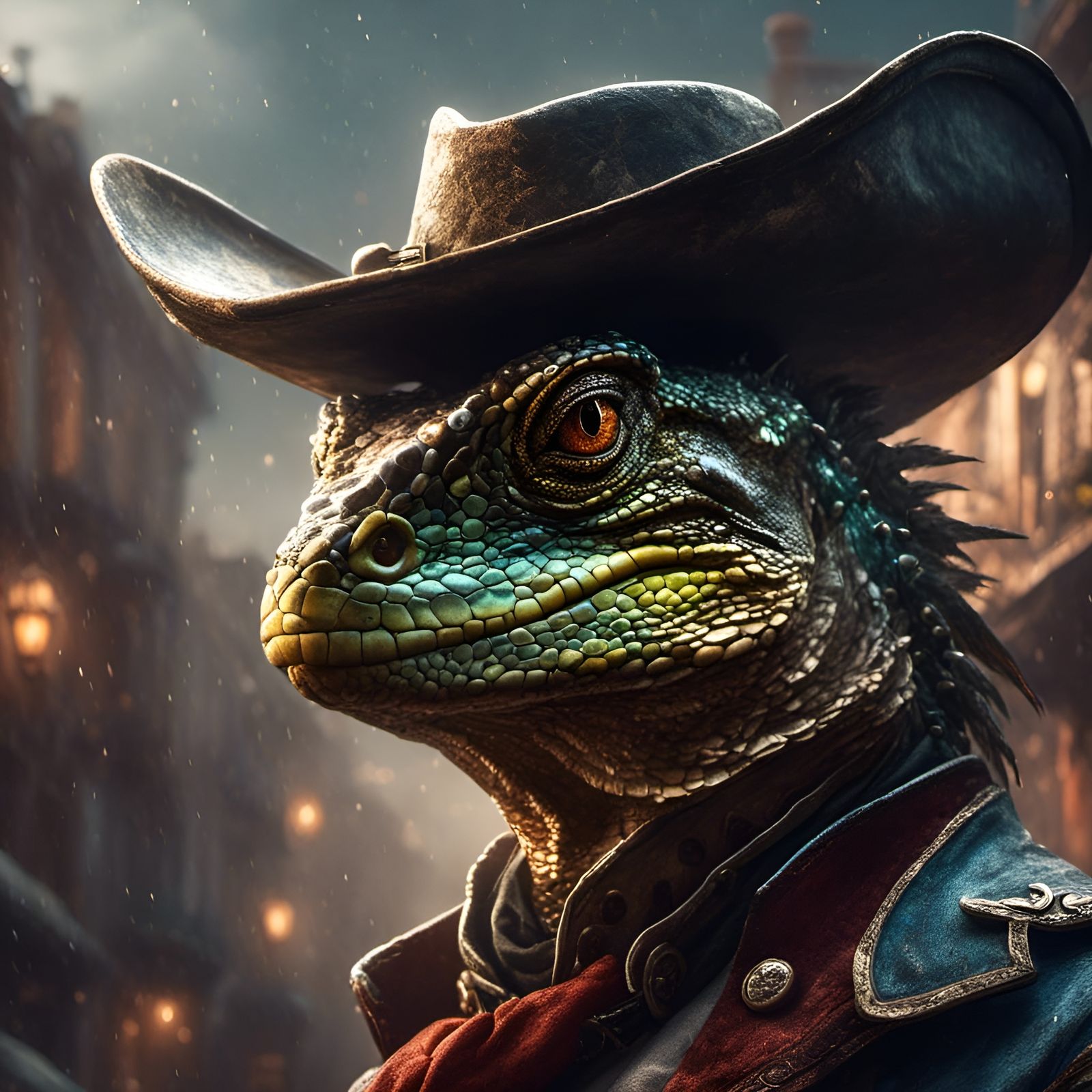 Cowboy Lizard Portrait in Cinematic Western Style