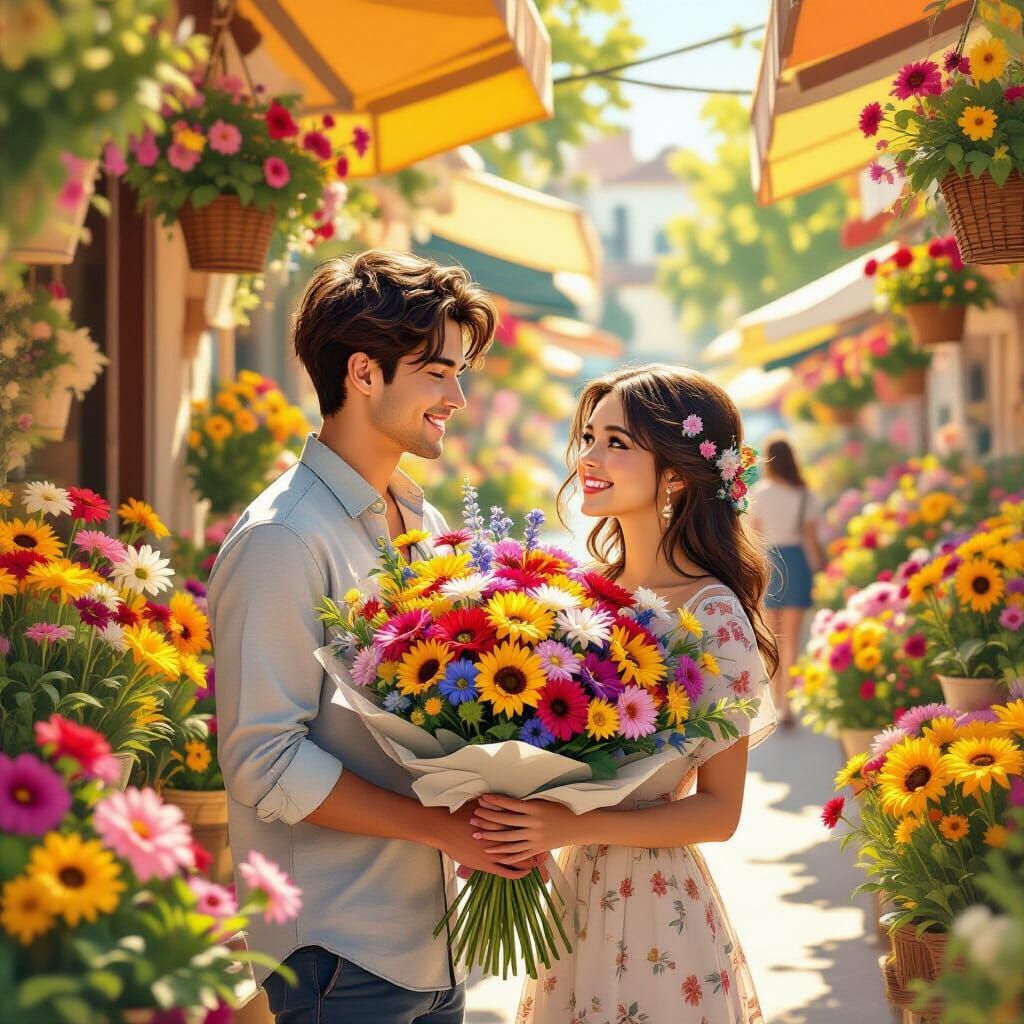 Young Man Buys Flowers for Melody in Sunlit Market