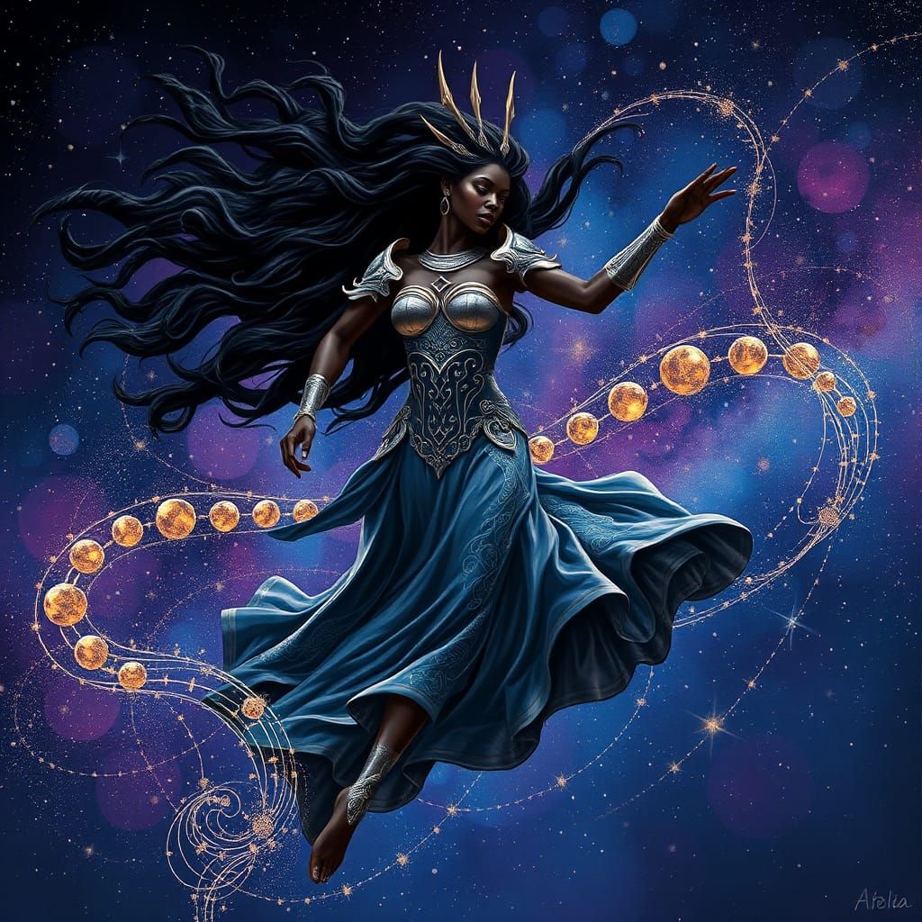 Black Goddess Dancing Across Starry Sky as Digital Art