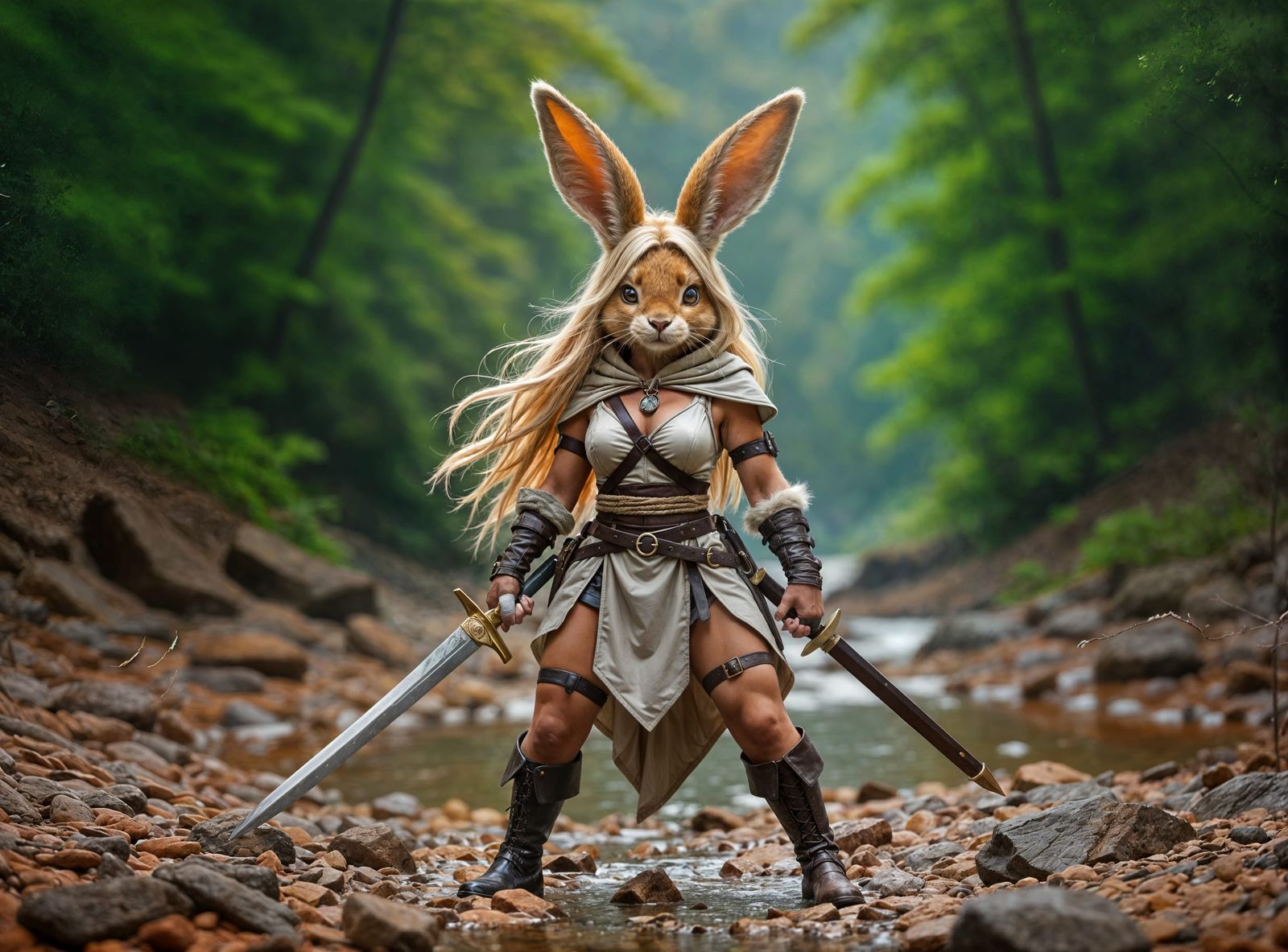 Anthropomorphic Rabbit Warrior with Sword in Forest