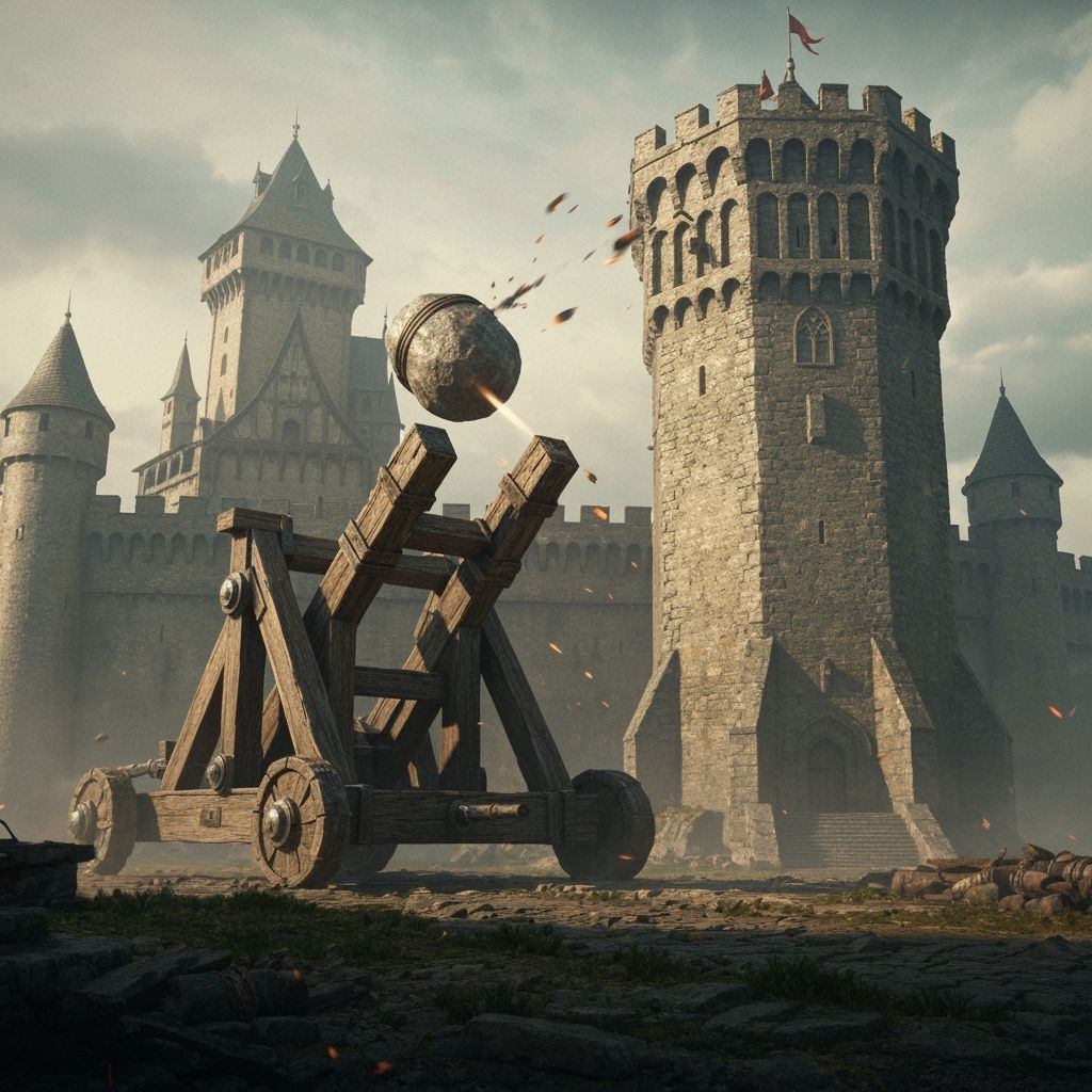 Medieval Catapult Aims at Castle Tower