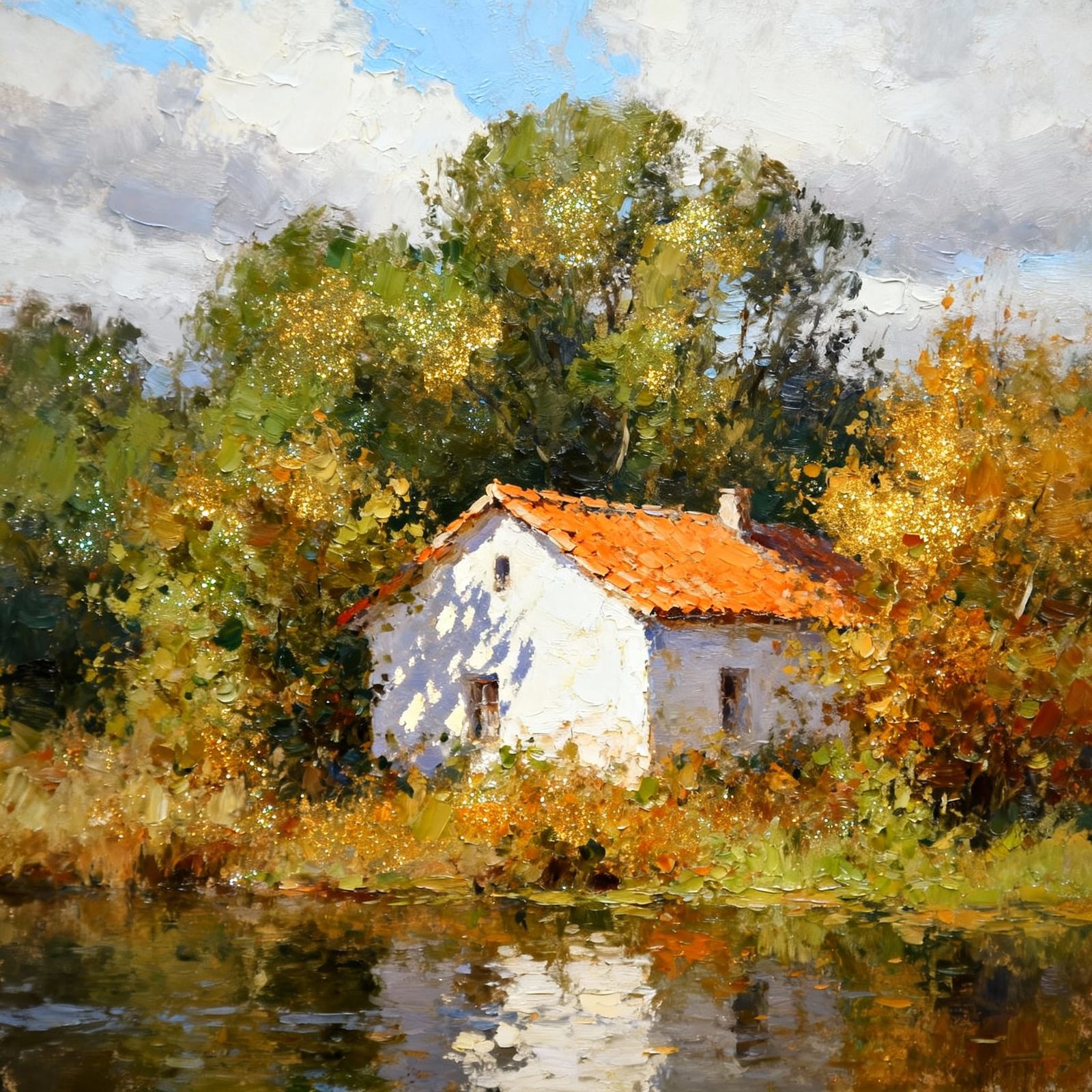 Autumn Waterscape Oil Painting with Rustic House