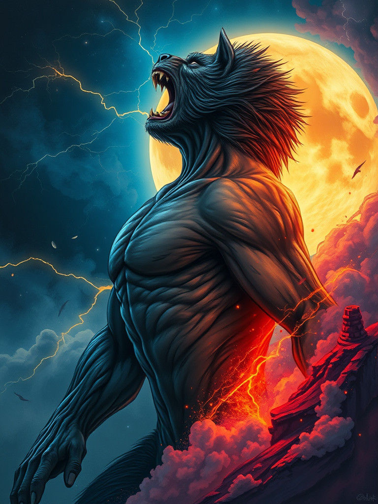 Werewolf Transformation in a Dramatic Illustration