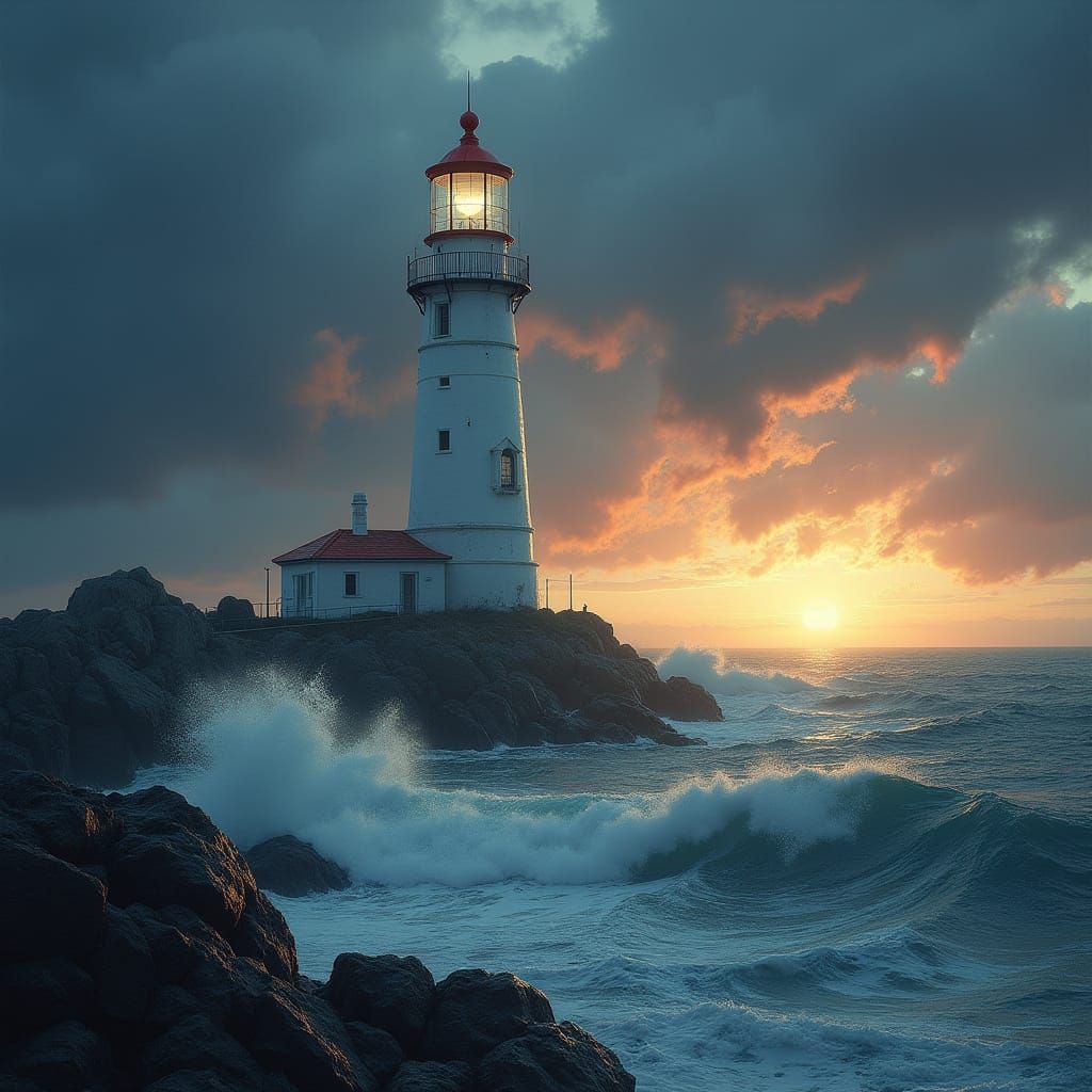 Ethereal Lighthouse Amidst Turbulent Ocean at Sunset