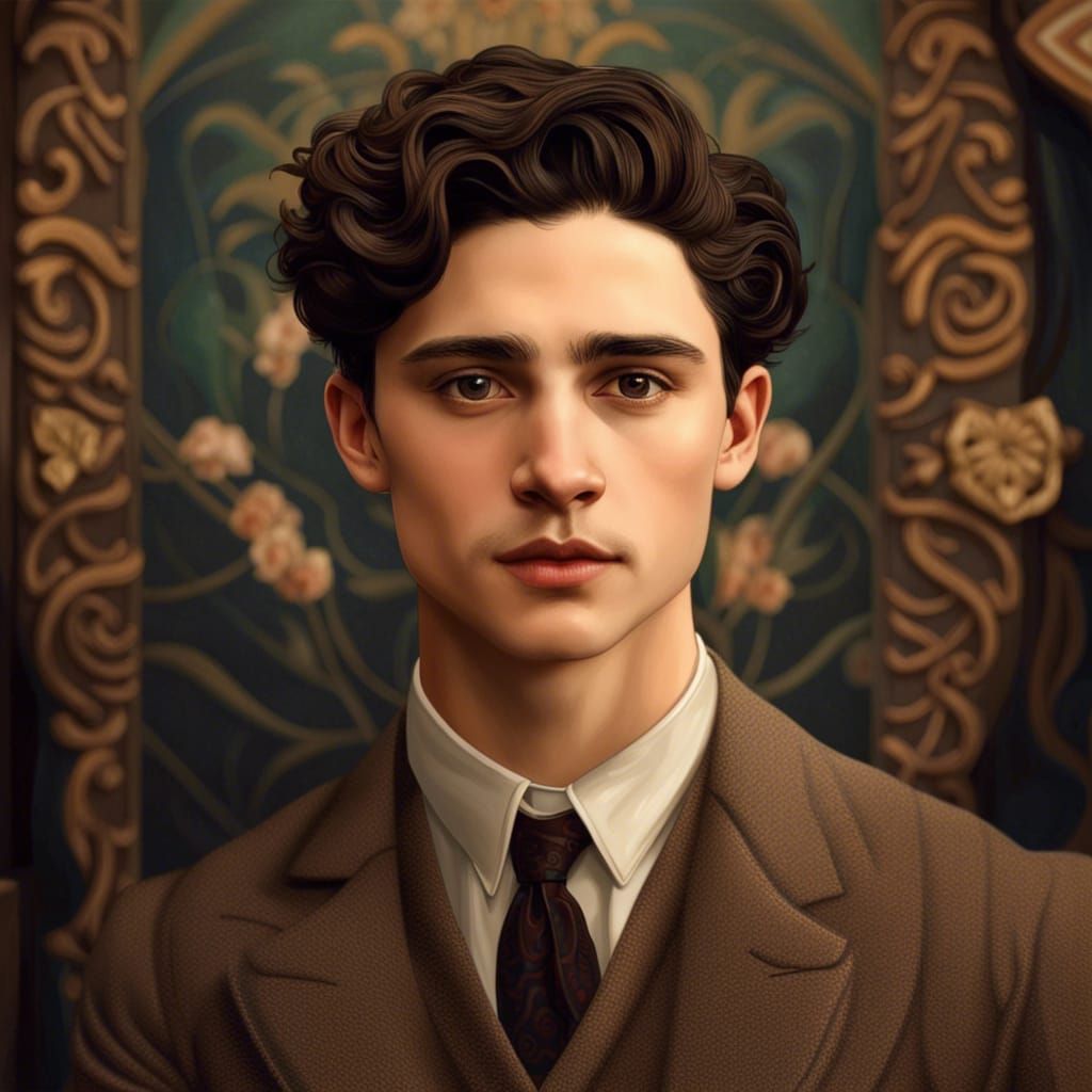 Romantic Dark Academia Portrait in Art Nouveau Style
