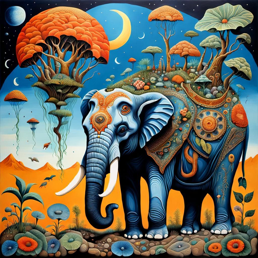Surreal Elephant Dreamscape in Gouache Style