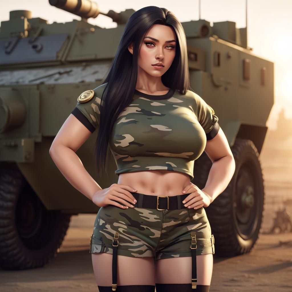 Curvy Woman in Camo on Military Base, 3D Render