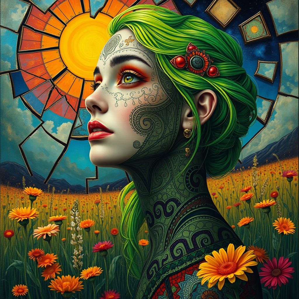 Surreal Woman Portrait with Neon Hair and Wildflowers